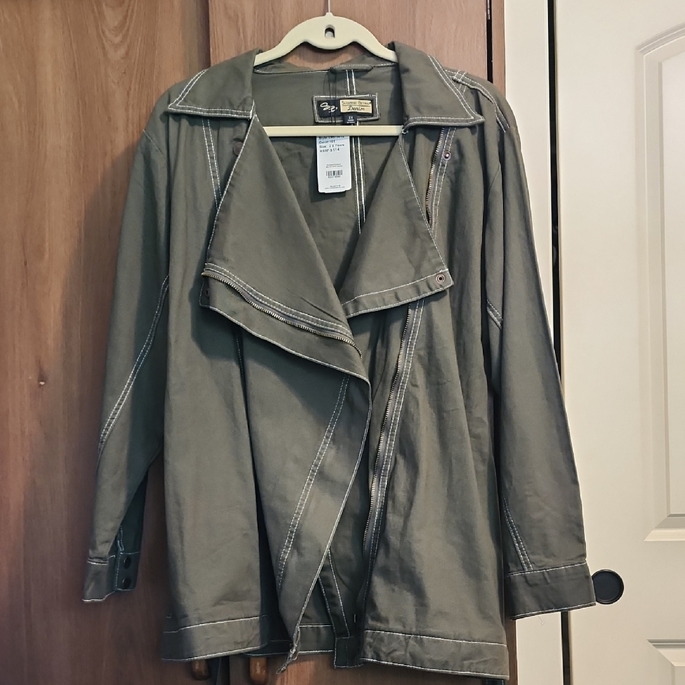 Suzanne Betro Denim Jacket Womens 2XL Olive NWT Super Cute! With Belt